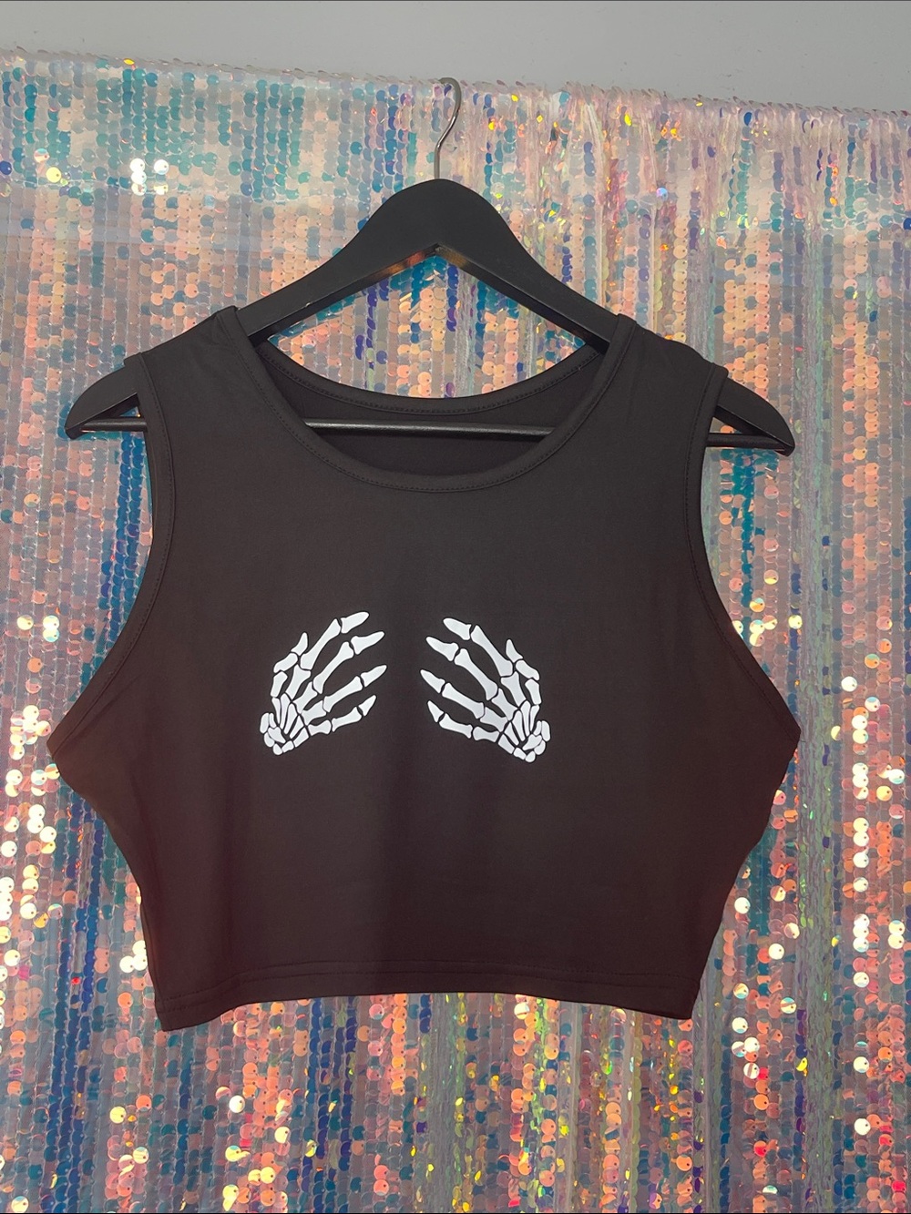 Black Skeletal Hands Crop Tank Top - Women's